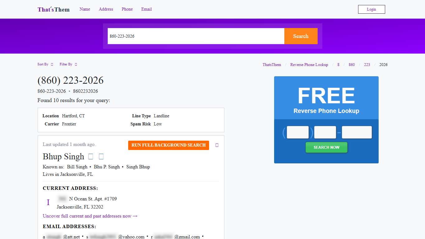 860-223-2026 | 860-223-2026 is a Landline | ThatsThem